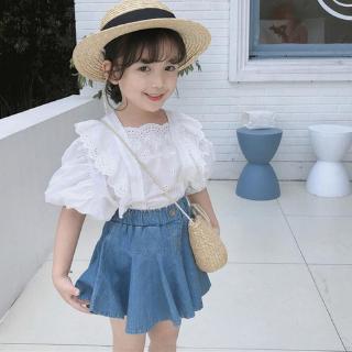 iu เสื้อคอกลมลําลอง+กระโปรงยีนส์สําหรับเด็กผู้หญิง