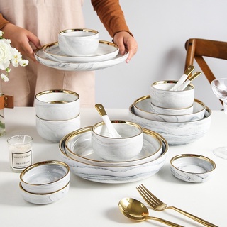  Tableware ชุดจานชามลายหินอ่อน สไตล์ยุโรป ลายหินอ่อน ชามลายเซรามิก จานลายเซรามิก จาน ชาม ถ้วย ช้อน 18ชิ้น/ชุด