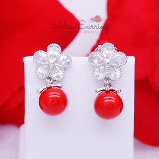 Miss Earring ต่างหูหนีบ ต่างหู cz ต่างหูดอกไม้ แต่งลูกปัดสีแดง พร้อมส่ง