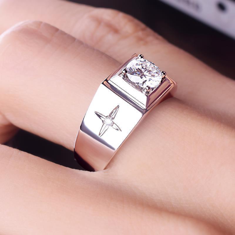 แหวน Missanite แหวนผู้ชาย ทองคำขาว 18K แหวนเพชร 1 กะรัต ของแท้นำเข้า American Business Simple OL แหวนผู้ชายไขว้