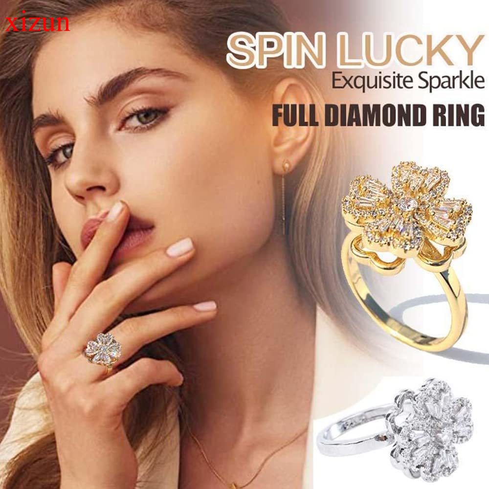 XIZUN Gentle Sparkling Lucky Flower Ring, Anxiety Ring for Women, Four-Leaf Clover Rotating Ring, Ad