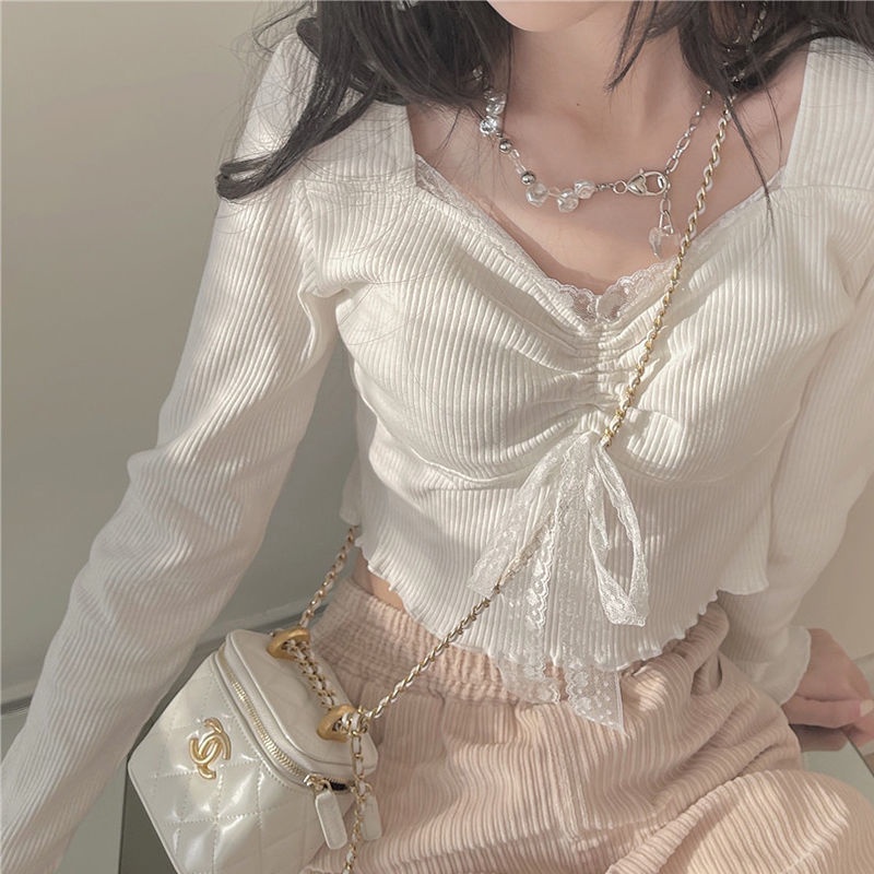 พร้อมส่ง เสื้อเชิ้ตสีขาวผ้าถักลูกไม้แขนยาวผู้หญิงสไตล์เกาหลีสลิมฟิตเสื้อคอวี