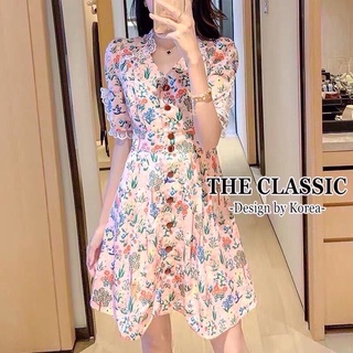 พร้อมส่ง 🌸เดรสสั้นสีชมพู ลายดอกไม้ กระดุมสีม่วง 🌸 classic