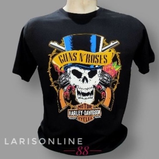 ผ้าฝ้ายคอกลมเสื้อเชิ้ต ลาย Harley davidson skull n roses gunsfrom S-4XL