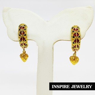 Inspire Jewelry ต่างหูห่วงทองลงยาห้อยหัวใจตอกลายแบบร้านทอง งานปราณีต สวยงาม