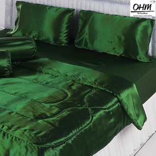 OHM ผ้าปูที่นอน ผ้าเครปซาติน 220 เส้น ขนาด 5 ฟุต 5 ชิ้น (สีเขียวหัวเป็ด)