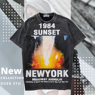 New York Sunset เสื้อยืดงานฟอกสกรีนสไตล์วินเทจ