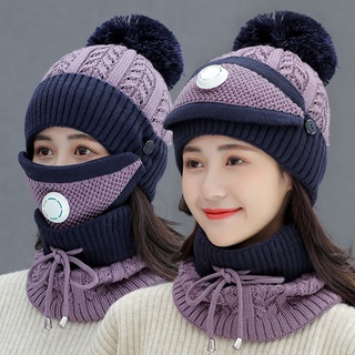 Womens Winter Wool Hat Korean Version Thickened and Velvet Warm Knitted Breathing Valve Mask Cycling Ear Scarf Suit