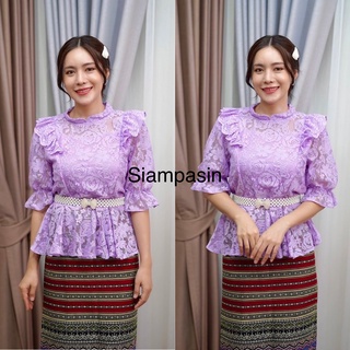 Siampasin🌸 เสื้อลูกไม้ ประยุกต์ ผ้านุ่มใส่สบาย อก S M L XL XXL ชุดไทย สีม่วง แขนสามส่วน ปีกสามส่วน Blouse