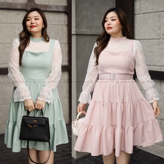 SSD52 เซ็ตเสื้อลูกไม้ขาวเดรส มี 2 สี ชมพู/เขียว เสื้อผ้าพลัสไซส์ Plussize fashion ชุดคนอ้วน แฟชั่นสาวอวบ