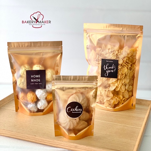ถุงซิป ฟลอยล์ ขยายก้นถุง หน้าขุ่น - หลังสีทอง 5 ขนาด / ถุงฟอยด์ทอง zip bags คุกกี้ ขนม