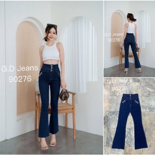 G.D.Jeans รุ่น 90276#กางเกงยีนส์แฟชั่นขายาวผ้ายืดสีเข้มเอวสูงทรงขาม้าเรียบ