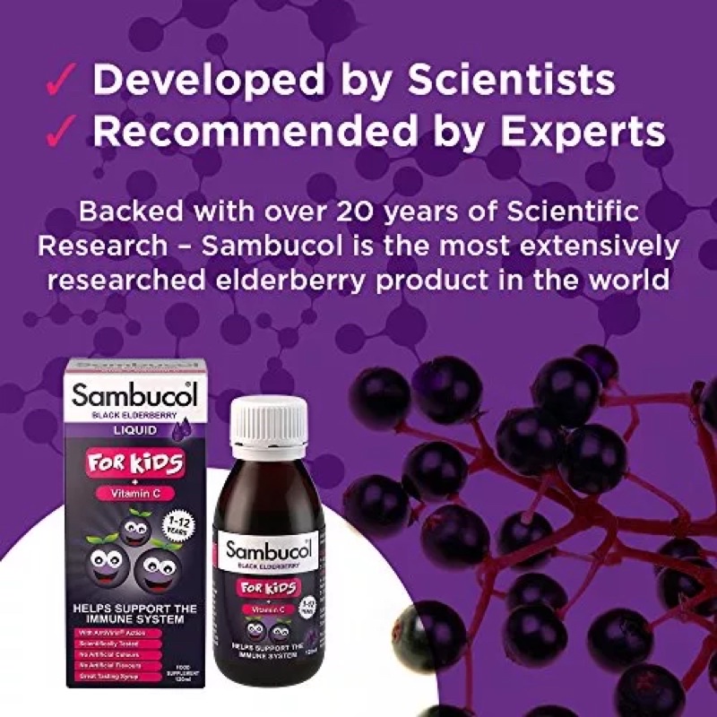 ✈️PRE-ORDER✈️ วิตามินเสริมสร้างภูมิคุ้มกันผสมวิตามินซี Sambucol Black Elderberry for Kids + Vitamin C