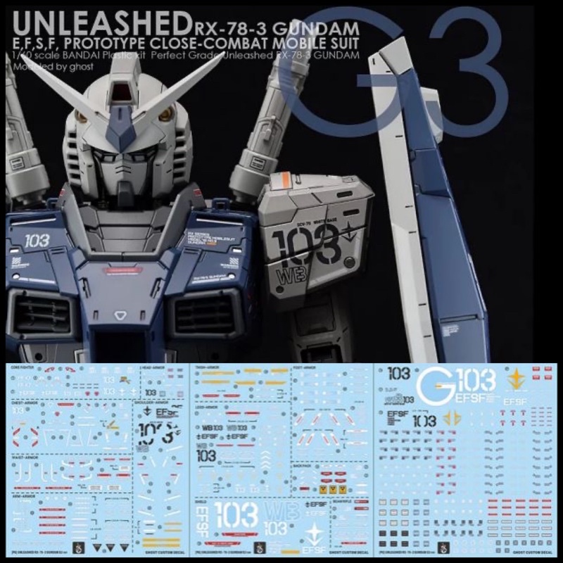 ดีคอลน้ำ GHOST Water Decal PG 1/60 UNLEASHED RX78-2 G3 1 ชุดมี 3 แผ่น