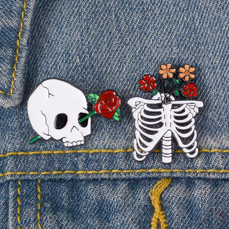 &gt; Ready Stock &lt; ❉ Skull Pins ❉ 1Pc Skeletons &amp; Flowers Enamel Collection Brooch Pins