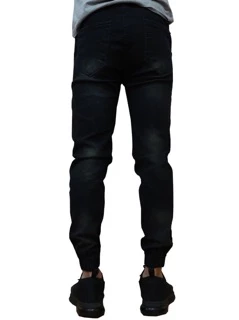 Jogger Pants กางเกงขาจั๊ม สีดำยีนส์ฟอกเอวสม็อคมีเชือกผูก ยืด สวมใส่สบาย Size 28-54 รับชำระปลายทาง มีไซส์ใหญ่