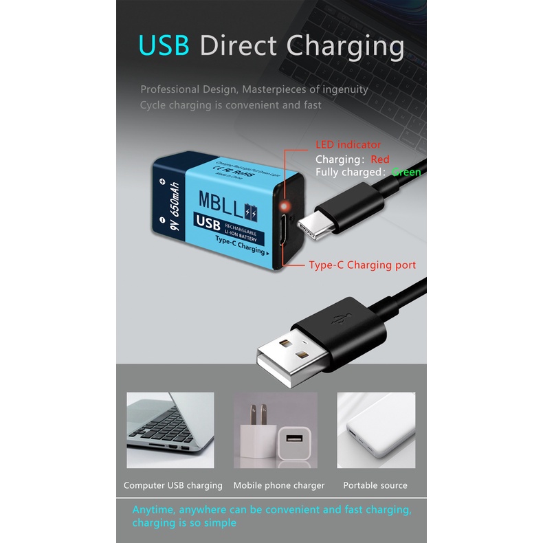 MBLLถ่านชาร์จ USB🇹🇭 1.5V AA1000mAh/AAA400mAh/9V650mAh รุ่นชาร์จผ่านUSB li-ion battery ถ่านกล้อง ถ่านกล้องถ่ายรูป