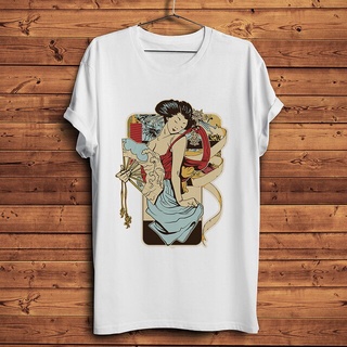 เสื้อยืดผู้ชาย Gildan เสื้อยืดผ้าฝ้าย 100% พิมพ์ลาย Ukiyoe Style Geisha Samurai สีขาว สไตล์วินเทจ สําหรับผู้ชาย S-5XL