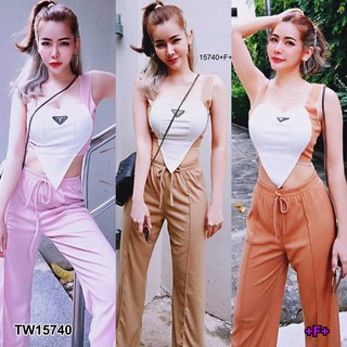 PP15740 set 2 ชิ้น เสื้อแขนกุดแต่งวี อกปักโลโก้ + กางเกงขายาว