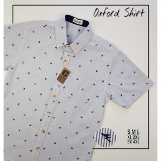 เสื้อเชิ้ตแขนสั้น คอปก ผ้า Oxford ลายนกนางแอ่น สีกรม มีถึงไซส์ 4XL