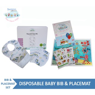 Bambino, Disposable Baby Bib &amp; Placemat (Set) แผ่นปูโต๊ะเอนกประสงค์และผ้ากันเปื้อนแบบใช้แล้วทิ้ง แพคคู่