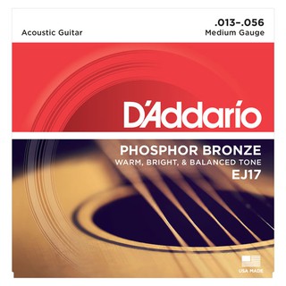 DAddario® สายกีตาร์โปร่ง เบอร์ 13 แบบ Phosphor Bronze ของแท้ 100% รุ่น EJ17 (Medium, 13-56) ** Made in USA **