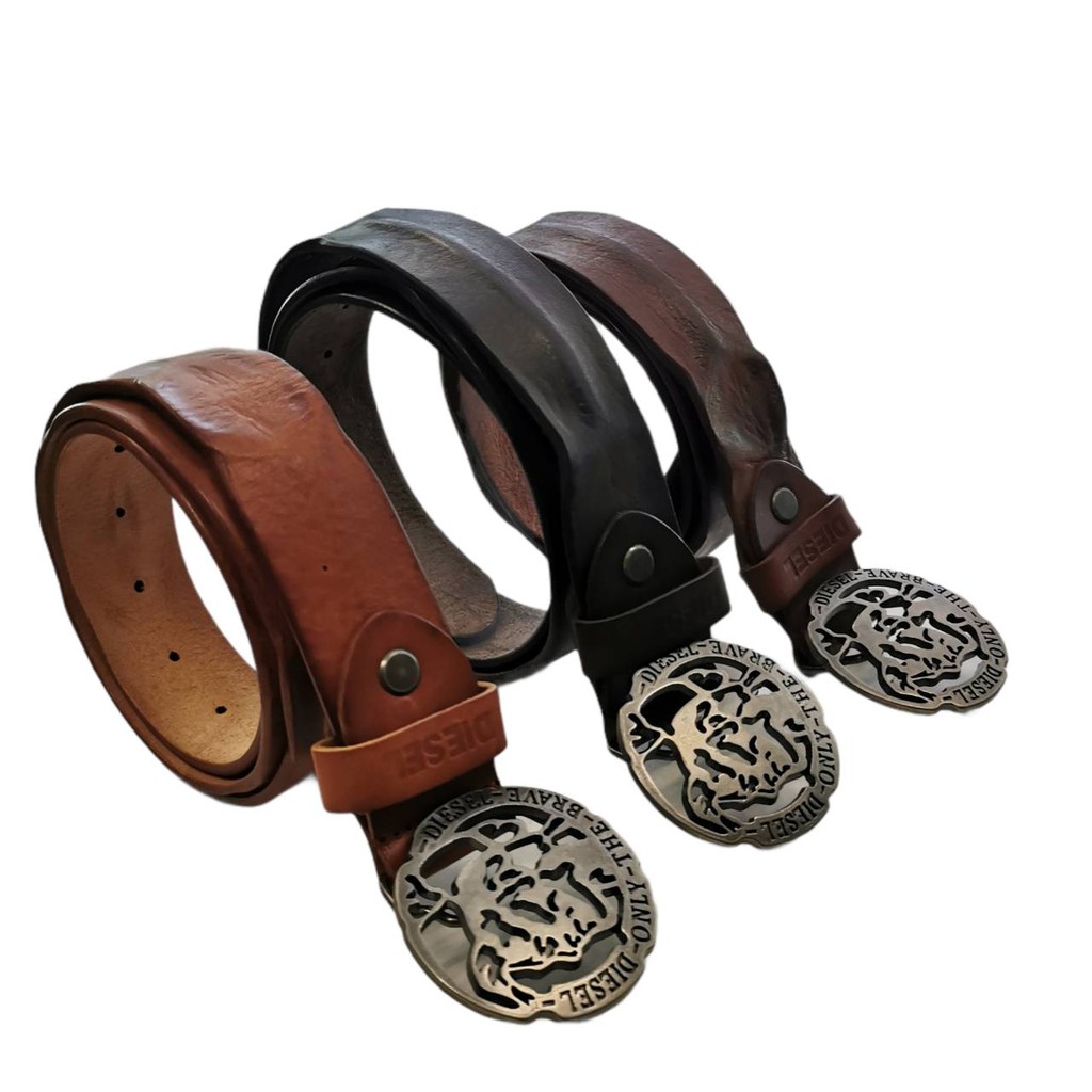 เข็มขัดหนังแท้ Diesel ดีเซล หัวเหล็กฉลุลาย สี Silver หนังแท้ 100% หนังปั๊มลายนูน มี 4 สีให้เลือก Die