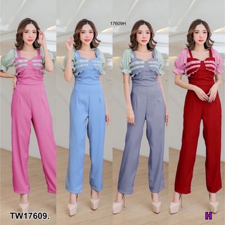 TwinsShopVip💗พร้อมส่ง TW17609 Jumpsuit จั้มสูทแขนพองสม็อค แต่งระบายชั้น