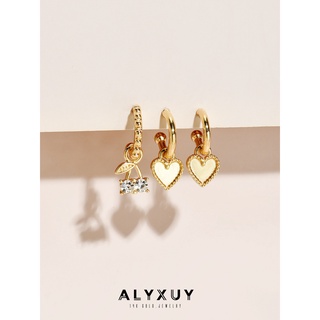 Alyxuy ต่างหูสตั๊ด ทรงกลม คริสตัล ชุบทอง 14K จี้รูปหัวใจ เชอร์รี่ เรียบง่าย (ขาย 3 ชิ้น)