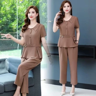 ชุดเซ็ทผู้หญิง 2ชิ้น สีพื้น เสื้อแขนสั้นคอปก+กางเกง9ส่วน เนื้อผ้านิ่ม หลวมใส่สบาย ชุดลำลอง ชุดทำงาน