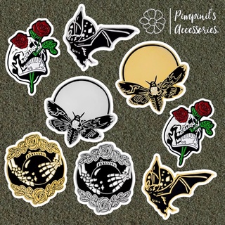 🇹🇭 พร้อมส่ง : 💀🦇 เข็มกลัดเซ็ทหัวกะโหลกและค้างคาว | Rose Skull &amp; Bat Enamel Brooch Pin Set.