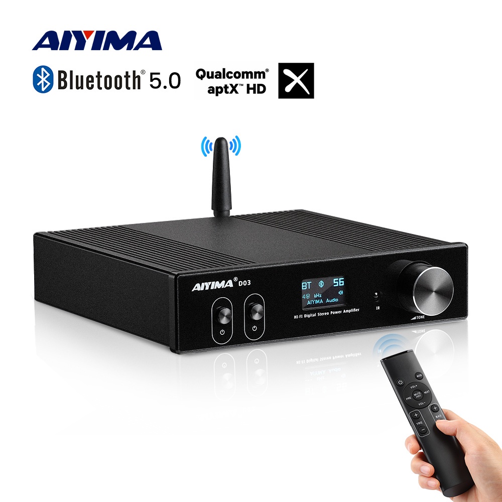Aiyima D03 เครื่องขยายเสียงสเตอริโอดิจิทัล บลูทูธ 5.0 150 วัตต์ x 2 HiFi 2.1 CH 24Bit 192kHz Class D