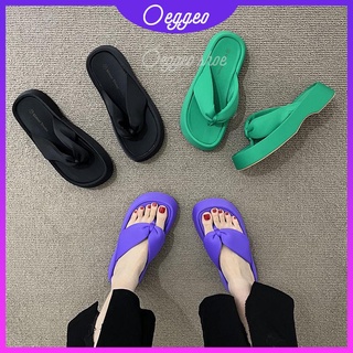 Oeggeo shop รองเท้าส้นแบน แบบหนา สีเขียว สําหรับผู้หญิง