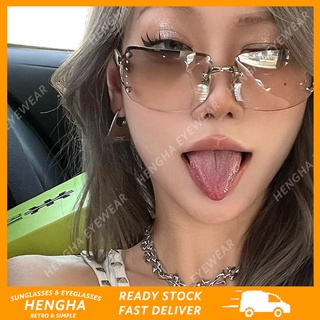 (HENGHA) Y2k แว่นตากันแดด ทรงสี่เหลี่ยมผืนผ้า ไร้กรอบ พรีเมี่ยม สําหรับผู้หญิง