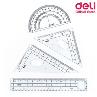 Deli 9597 Drafting set 4pcs Ruler Set Squares Protractor 15cm Transparent ชุดไม้บรรทัดนักเรียน 4 ชิ้น