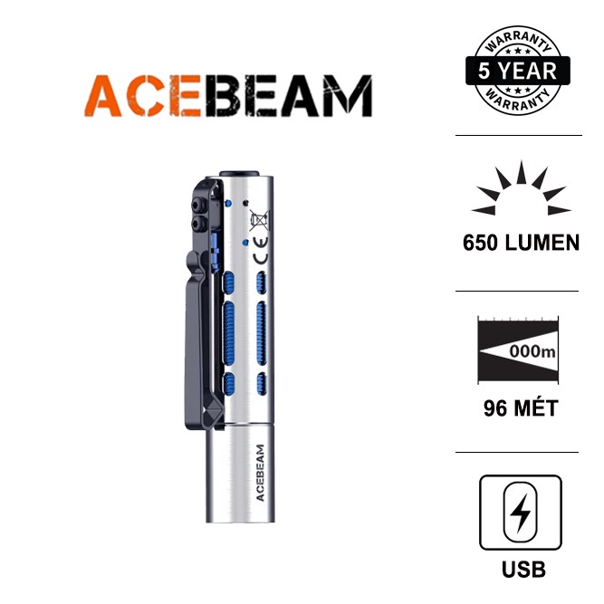 Đèn pin ACEBEAM RIDER RX BẠC sáng 650 lumen xa 96m bóng LED Nichia 219F CRI 90 sử dụng 1 pin 14500