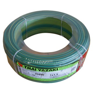 สายไฟ สายเมน สายไฟบ้าน อย่างดี มอก. THW IEC01 YAZAKI 1x1.5 ตร.มม. 100 ม. สีเขียว/เหลือง ELECTRIC WIRE YAZAKI THW60227IEC