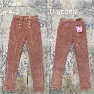 G.D.Jeans รุ่น 90119-2#กางเกงขายาวเอวสูงผ้าลูกฟูกยืดสีชมพูทรงกระบอกเล็กเปิดกระดุมหน้าแปดเม็ดลายกระดุมทอง