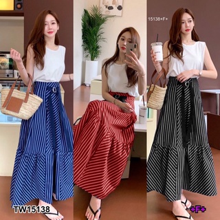 TwinsShopVip💗พร้อมส่ง TW15138 Set 2 ชิ้น เสื้อแขนกุด + กระโปรงริ้วยาวสายหัวเข็มขัด