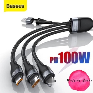 💜ถูกจริง/ส่งไว📦Baseus สายชาร์จ 3in1 Type C+USB สายถัก 20V 5A 100w Micro / Type-C / ไลท์นิ่ง ชาร์จด่วน Supercharge