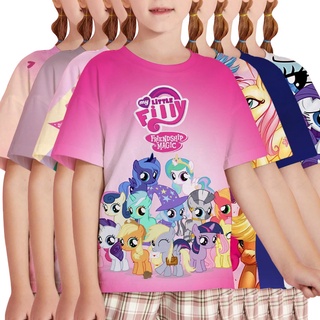 เสื้อยืดคอกลม แขนสั้น พิมพ์ลายการ์ตูนยูนิคอร์น My Little Pony Friendships Magic น่ารัก สีรุ้ง สําหรับเด็ก 3-13 ปี