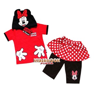 [แท้]MN1361 ชุด Minnie Mouse งานลิขสิทธิ์ประเทศไทย เสื้อมีฮูด + กางเกงกระโปรง ผ้ายืด เนื้อดี ใส่สบาย