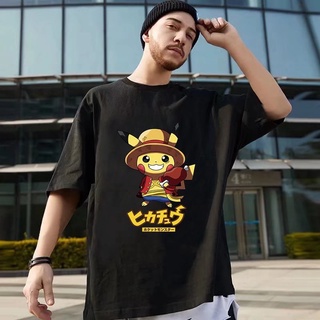 pokemon anime mens graphic t-shirt mens and womens oversized shirt one piece Luffy Pikachu print t-shirt  เสื้อขาว