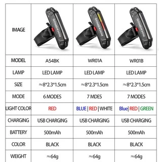 [Fulfilled by Shopee]ROCKBROS สีสันสดใส LED จักรยานไฟท้าย USB ชาร์จกันน้ำ