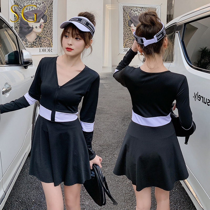 lovito ชุดว่ายน้ำผู้หญิง เซตชุดว่ายน้ำ 1 ชิ้น ดีไซน์เรียบง่าย ชุดกระโปรงเสื้อแขนยาว เซ็กซี่น่ารัก-03