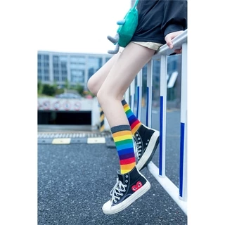 ฟรีไซส🌈ลายสายรุ้ง ถุงเท้าแฟชั่น ผ้าฝ้าย ถุงเท้าข้อกลาง NO.48