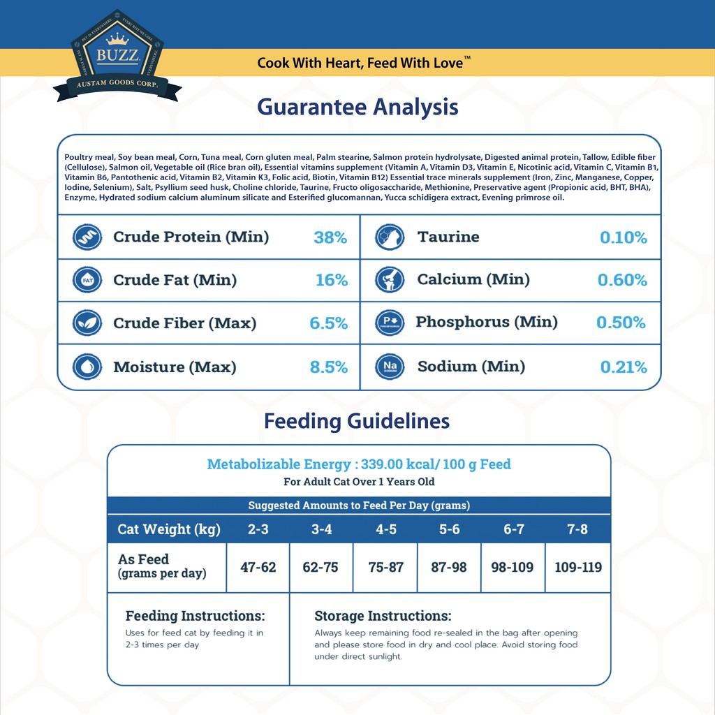 Buzz Advanced Nutrition อาหารแมว สูตรเพิ่มน้ำหนัก สำหรับแมวโต > 1 ปีขึ้นไป ทุกสายพันธุ์ แพ็ค 7 kg(3KG*2+1KG*1) - รูปที่ 3
