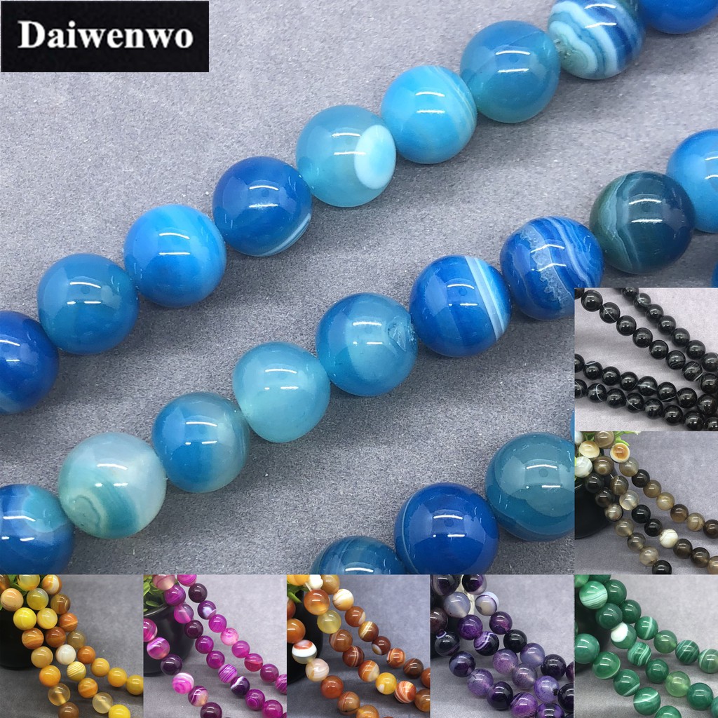 Banded Agate Beads ลูกปัดอาเกตสี 4-12 มม. รอบหินหลวมธรรมชาติ 7 สีลูกปัด Diy ดำฟ้า