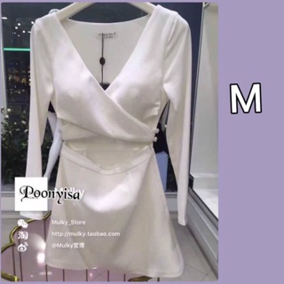 Dress คอวีแขนยาว ไขว้หน้าติดกระดุมข้าง เว้าเอว กระโปรงทรงเอ มีซับในและซิปข้าง