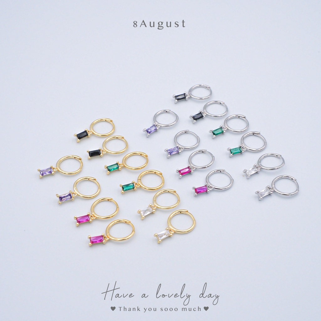 8August ต่างหูเงินแท้ ต่างหูห่วง ห้อยเพทายทรงสี่เหลี่ยม 5 สี มี 10 แบบ เรียบ น่ารัก Hoop Earrings S9